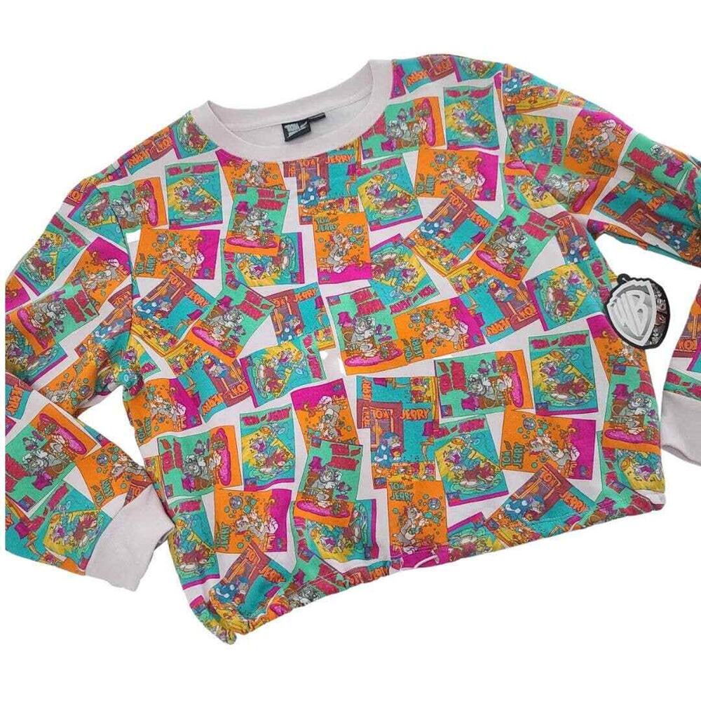 Tom & Jerry Sweatshirt L AllOver Print Comic Cartoon Fleece Pullover Pink Orange